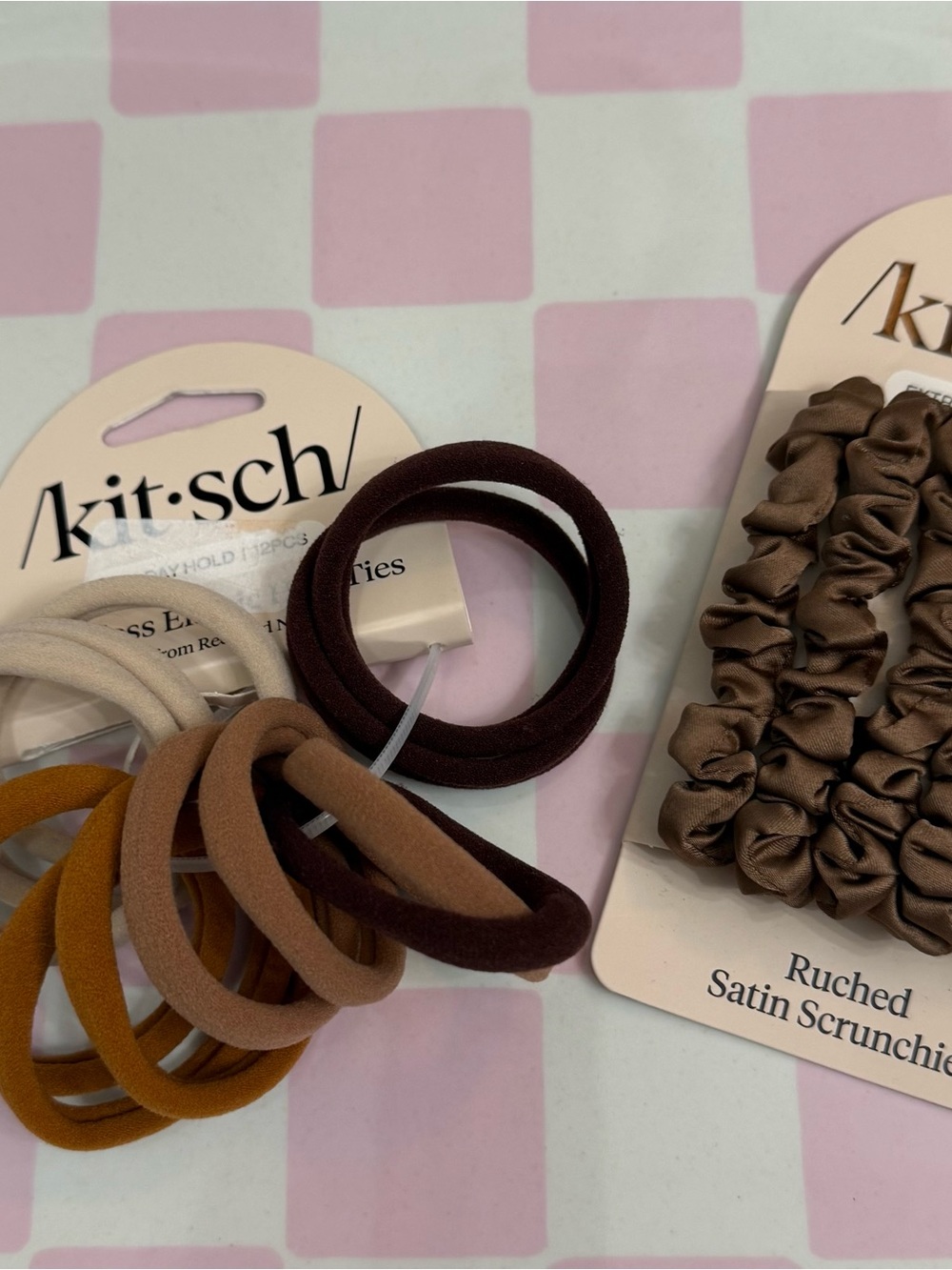 kitsch Hair Tie & Satin Scrunchie Set - Cream, Brown, Tan NWT